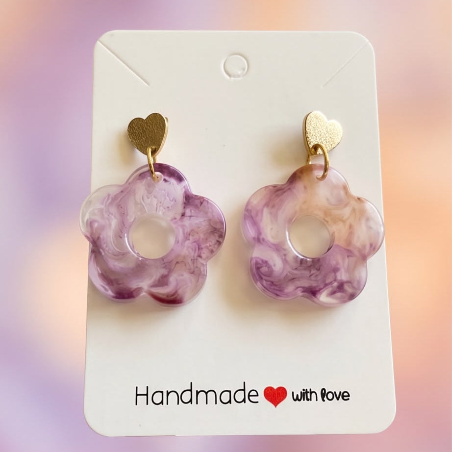 Boucles d'Oreilles Pendantes Fleur Violet Clair & Or