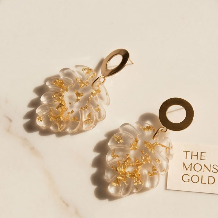 Boucles d'Oreilles Pendantes Feuille Transparente & Or