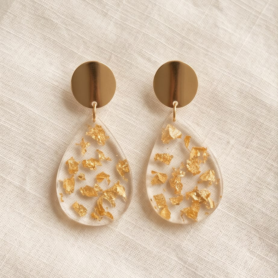 Boucles d'Oreilles Pendantes Goute Transparente & Or