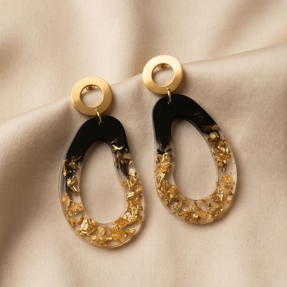 Boucles d'Oreilles Pendantes Abstrait Noir & Or