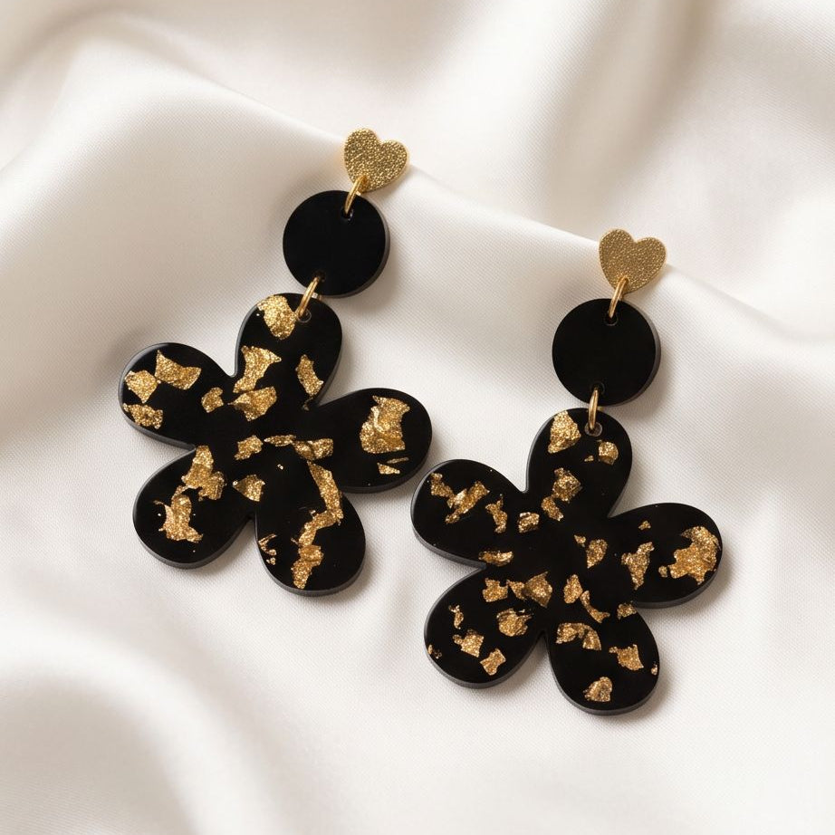 Boucles d'Oreilles Pendantes fleurs "Black & Gold"