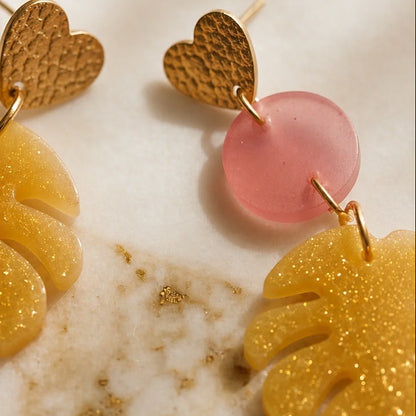 Boucles d'Oreilles Pendantes Feuille Orange & Or