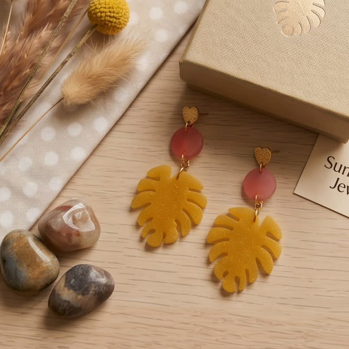 Boucles d'Oreilles Pendantes Feuille Orange & Or