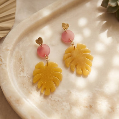 Boucles d'Oreilles Pendantes Feuille Orange & Or