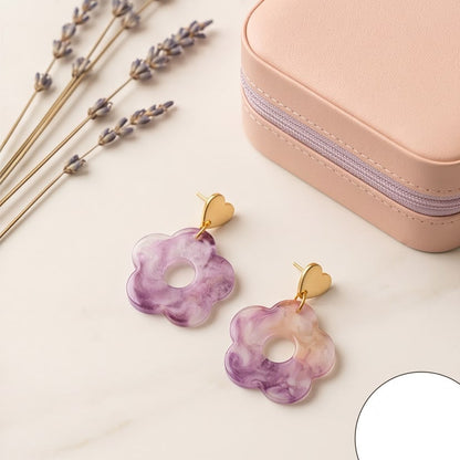 Boucles d'Oreilles Pendantes Fleur Violet Clair & Or