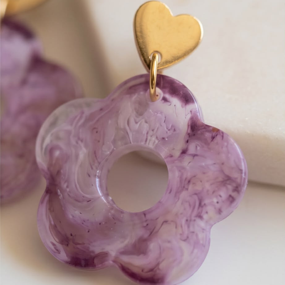 Boucles d'Oreilles Pendantes Fleur Violet Clair & Or