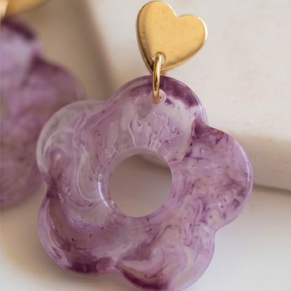 Boucles d'Oreilles Pendantes Fleur Violet Clair & Or