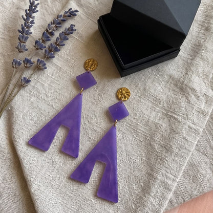 Boucles d'Oreilles Pendantes Abstrait Violette & Or