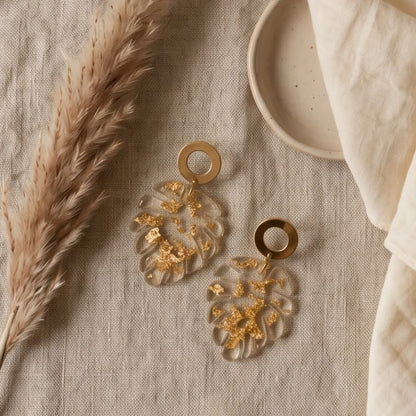 Boucles d'Oreilles Pendantes Feuille Transparente & Or