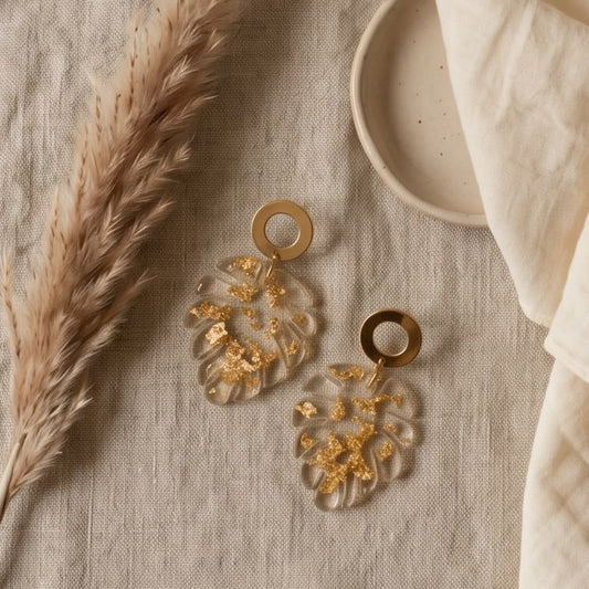 Boucles d'Oreilles Pendantes Feuille Transparente & Or