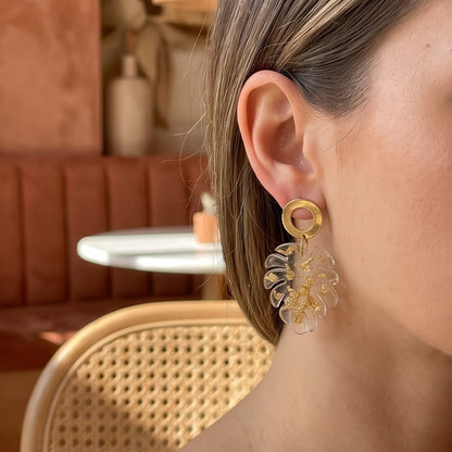 Boucles d'Oreilles Pendantes Feuille Transparente & Or