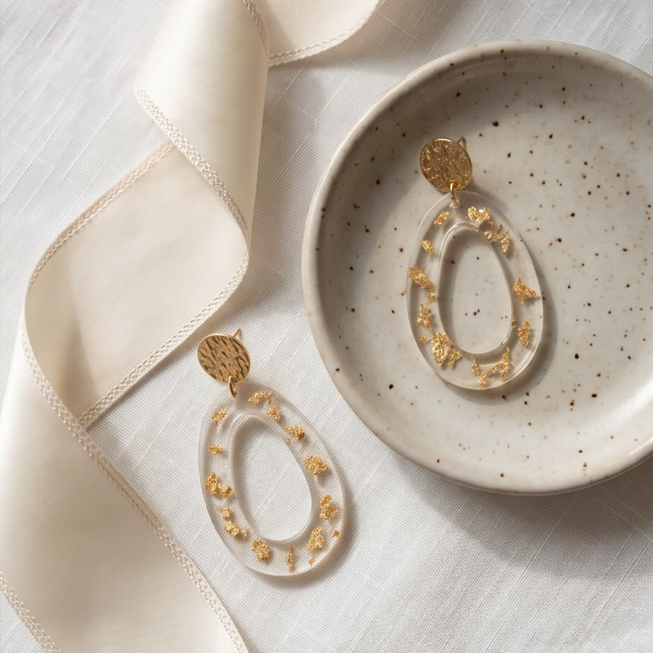 Boucles d'Oreilles Pendantes Abstrait Transparente & Or