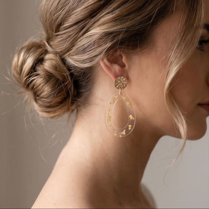 Boucles d'Oreilles Pendantes Abstrait Transparente & Or