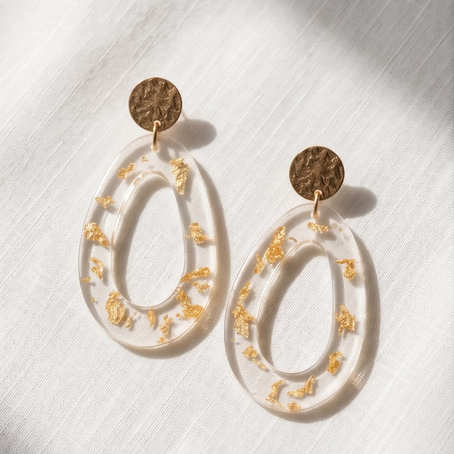Boucles d'Oreilles Pendantes Abstrait Transparente & Or