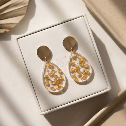 Boucles d'Oreilles Pendantes Goute Transparente & Or