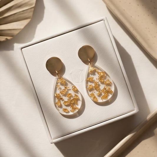 Boucles d'Oreilles Pendantes Goute Transparente & Or