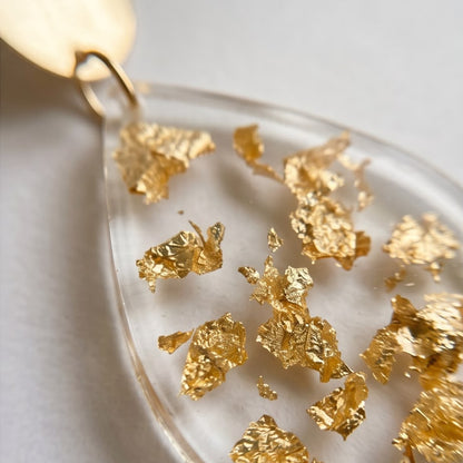 Boucles d'Oreilles Pendantes Goute Transparente & Or