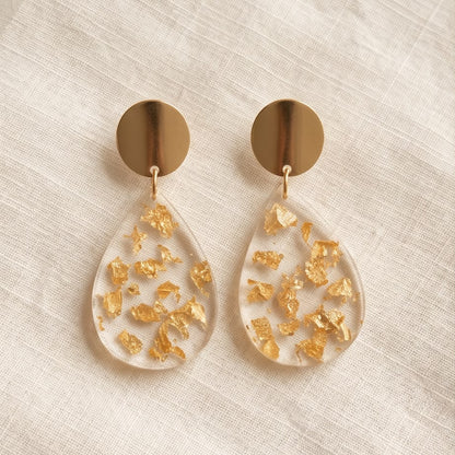 Boucles d'Oreilles Pendantes Goute Transparente & Or