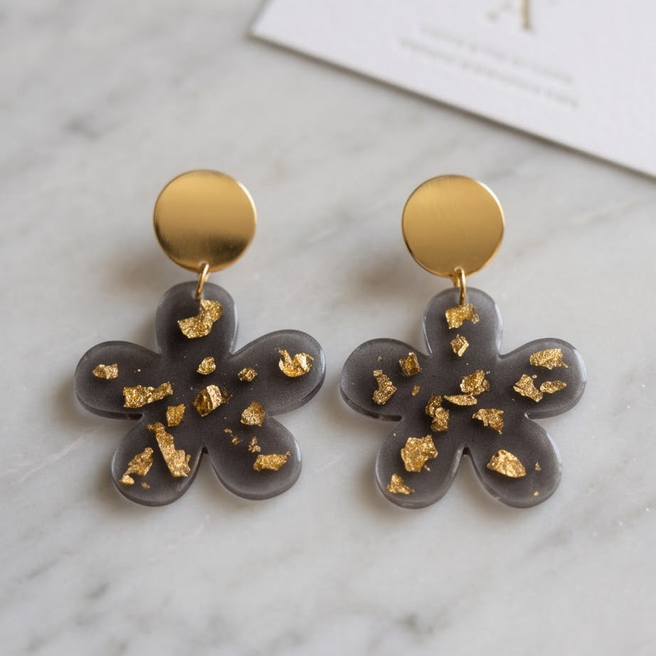 Boucles d'Oreilles Pendantes "noir transparent & Or"