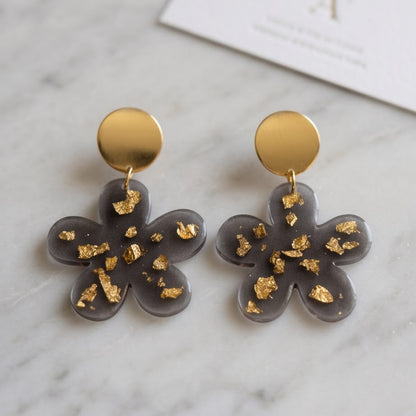 Boucles d'Oreilles Pendantes "noir transparent & Or"