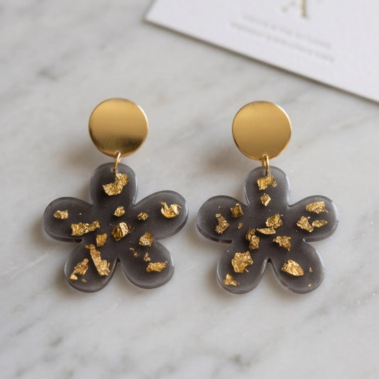 Boucles d'Oreilles Pendantes "noir transparent & Or"