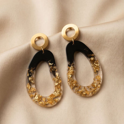 Boucles d'Oreilles Pendantes Abstrait Noir & Or