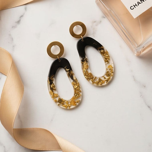 Boucles d'Oreilles Pendantes Abstrait Noir & Or