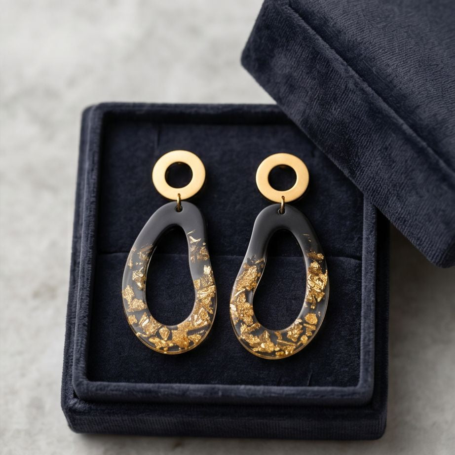 Boucles d'Oreilles Pendantes Abstrait Noir & Or