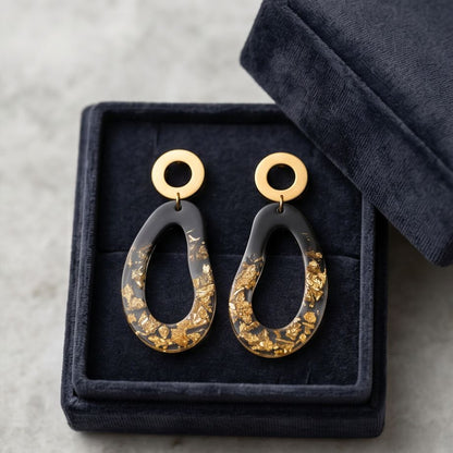 Boucles d'Oreilles Pendantes Abstrait Noir & Or