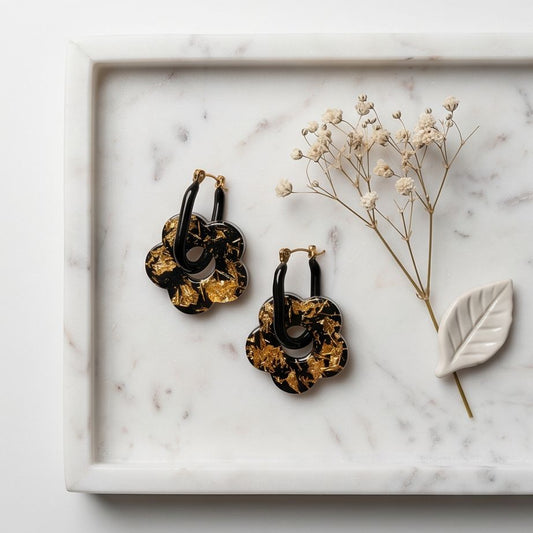 Boucles d'Oreilles Pendantes fleurs  "Black & Gold"