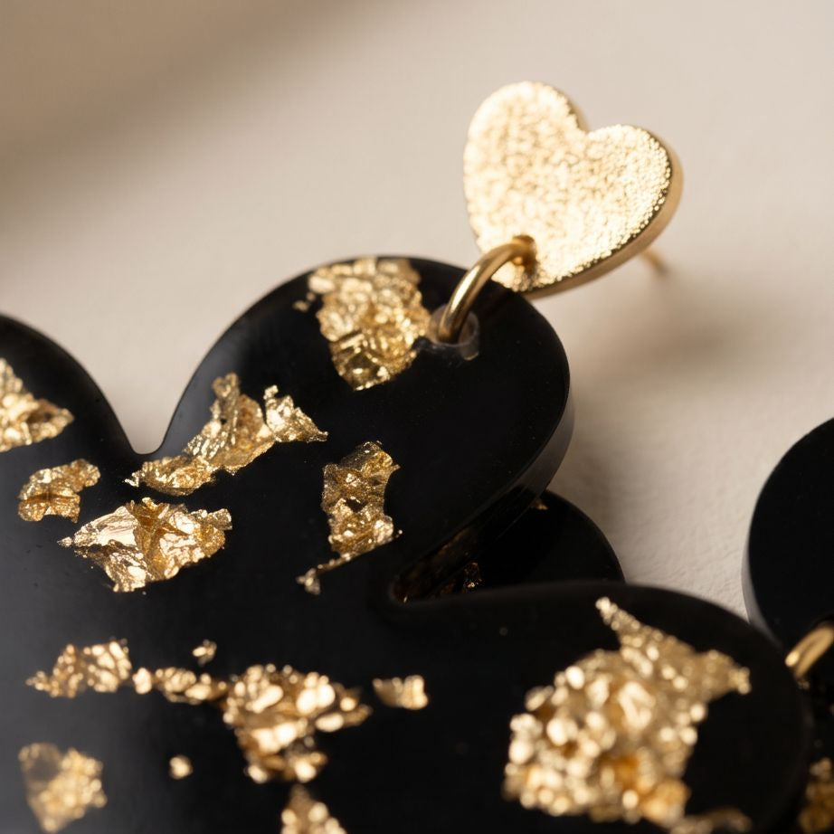 Boucles d'Oreilles Pendantes fleurs "Black & Gold"