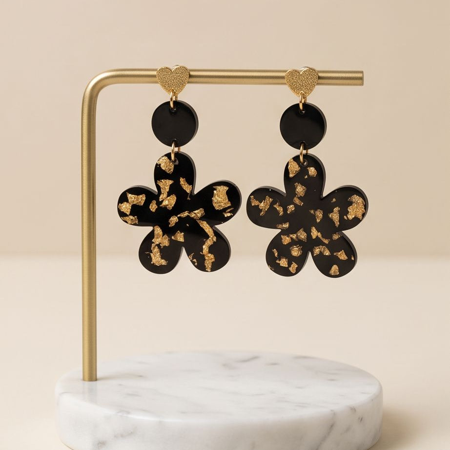 Boucles d'Oreilles Pendantes fleurs "Black & Gold"