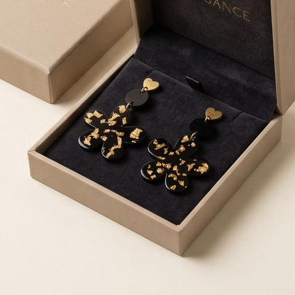 Boucles d'Oreilles Pendantes fleurs "Black & Gold"